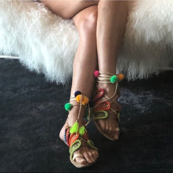 Boho genuine leather lace up Pom Pom sandals 10 - Picture 2 of 6